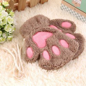 Mittens Furry Paws Fingerless Rope Cat Bear Claw Animal Brown Pink Fur Cosplay